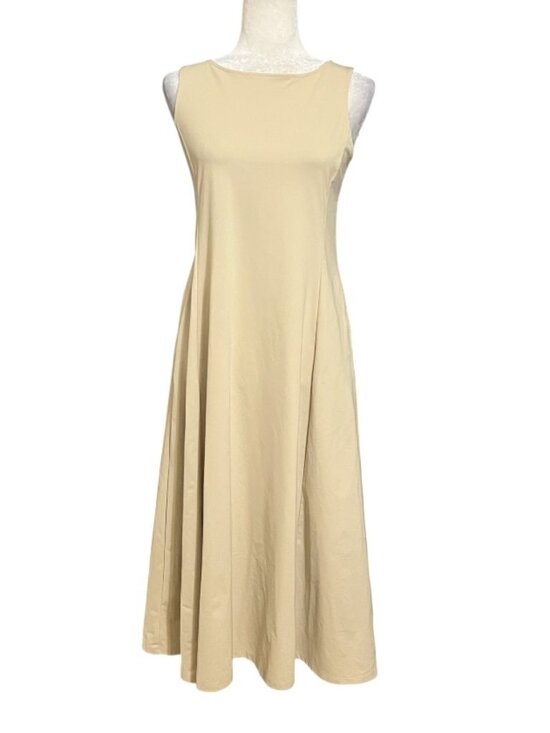 Uniqlo Dresses & Skirts - UNIQLO AIRism Dress Womens M Beige Sleeveless A Line Midi Stretch Casual Minimal